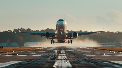 Commercial passenger plane taking off or landing at the airport, front view. - obrazy, fototapety, plakaty