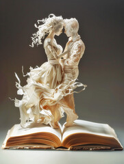 Passionate couple coming from the open book pages of a romantic novel - 762436284