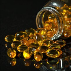 Omega 3 capsules, golden on a black background, poured out of a jar. Concept vitamins, nutrition, supplements, fat, fish, health, medicine, doctor, copy space, layout, banner, liver, - obrazy, fototapety, plakaty