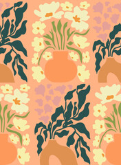 Retro simple groovy floral art background as seamless pattern. Trendy botanical plants in hippie style. Vector illustration.