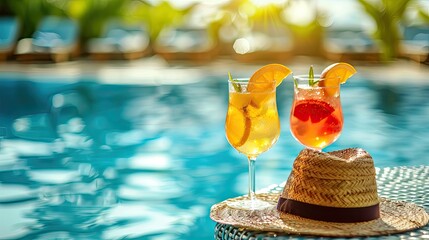 Glasses with refreshing fruit cocktail, on a table with a straw hat, next to the pool, on a summer...