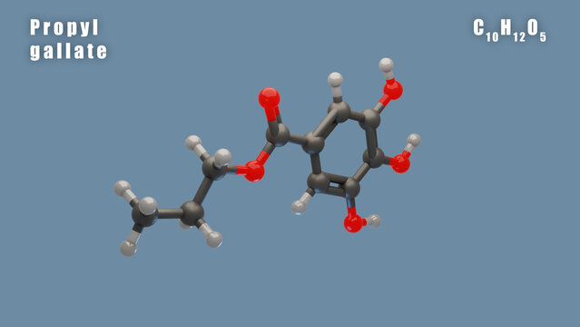 Propyl gallate of C10H12O5 3D Conformer animated render. Food additive E310