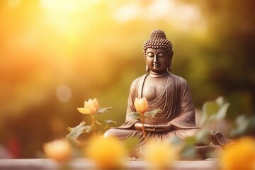 Buddha statue. background blurred flowers and sky with the light of the sun and copy space - generative ai