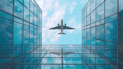 Plane flying in perspective from below. around building glass, bright blue sky.