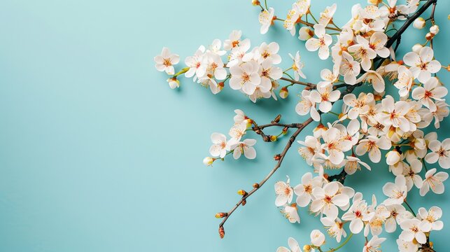 Cherry blossoms on branch, on plain blue background.