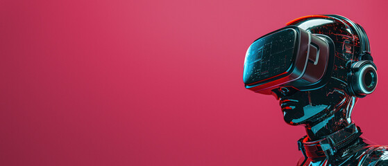 An image displaying a tech savvy head adorned with a VR setup, with a luxurious red tone in the background standing for high-end tech