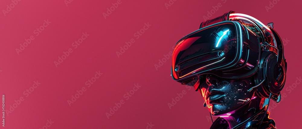 Poster a moody image of a futuristic robot head donning a vr device, against a crimson backdrop symbolizing