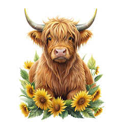 highland cow among sunflowers