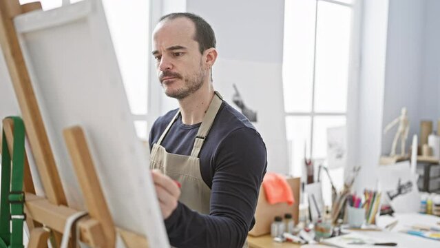 A focused bald man with a beard wearing an apron paints attentively in a bright art studio.