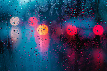 Close-up photograph capturing pristine  water droplets delicately on a blurred glass surface, with a background illuminated by multicolored lights - obrazy, fototapety, plakaty