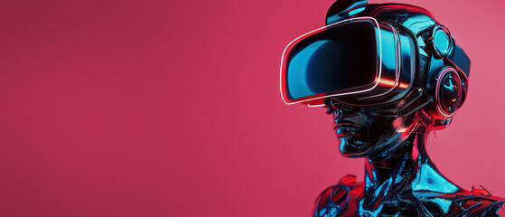 A futuristic representation of a cyborg figure wearing a virtual reality headset against a vivid...
