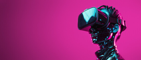 A sleek image of a cyborg with reflective black textures wearing a VR headset set against a gradated background