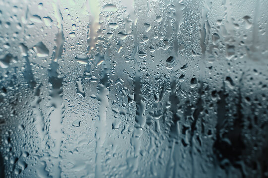 Close-up photograph capturing pristine water droplets delicately resting on a clear glass surface, creating a serene and reflective composition.