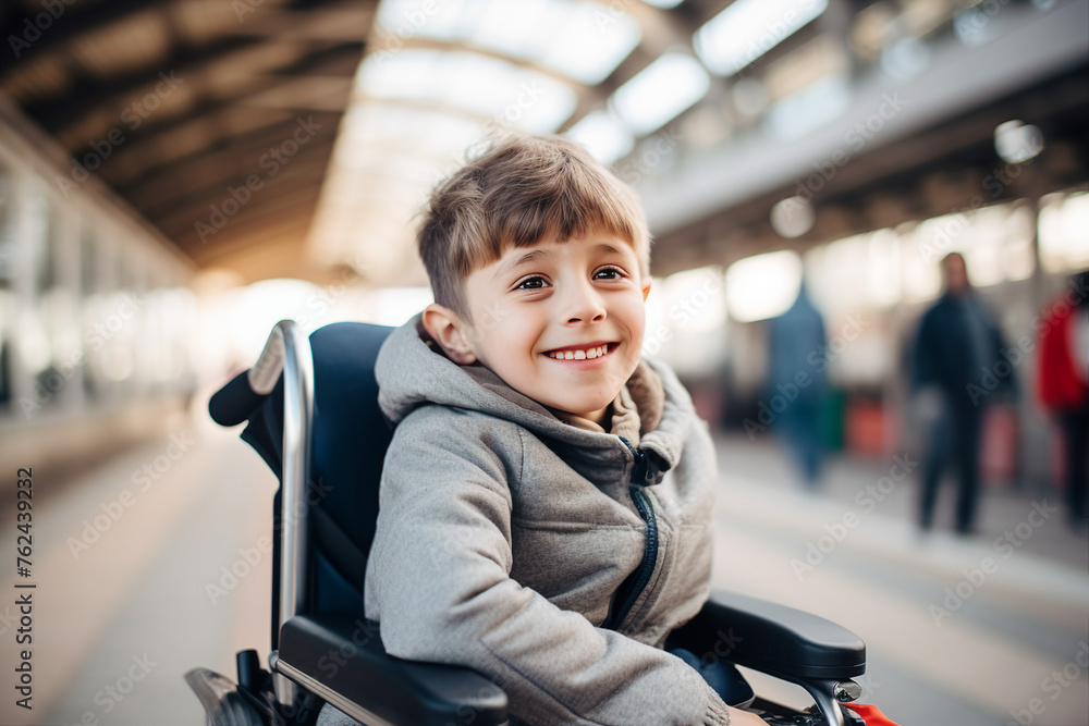 Wall mural Man in a wheelchair waiting for public transportation made with generative AI