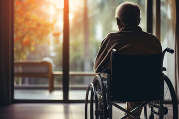 AI generated picture AI of old man sitting in a wheelchair looking outdoors on a sunny day - obrazy, fototapety, plakaty