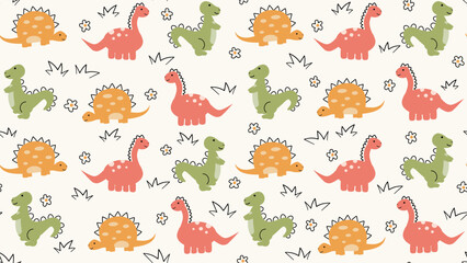 cute hand drawn cartoon character dinosaurs seamless vector pattern background illustration with daisy flowers and grass 