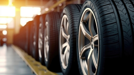 Fototapeta premium Tire Shop Interior, Auto Repair Service Center with Tires on Display