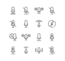 Set of microphone related icons, audio, music, sound wave, vocal, radio and linear variety vectors.

