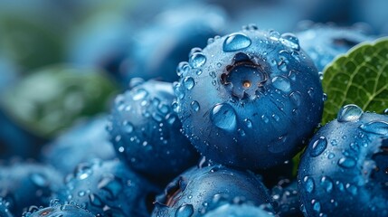 A closeup of plump blueberries, their deep blue hues intensified by dew drops. AI generate illustration - obrazy, fototapety, plakaty