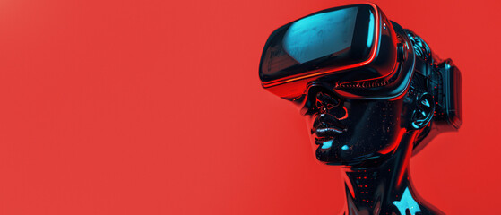 A futuristic cybernetic model with a virtual reality headset set against an isolated red background, exemplifying modern technology
