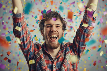 Jubilant young man celebrating a momentous occasion, confetti showers in vibrant festivity. Suitable for promotions, greetings, joyful events. Expressive celebration of success - obrazy, fototapety, plakaty