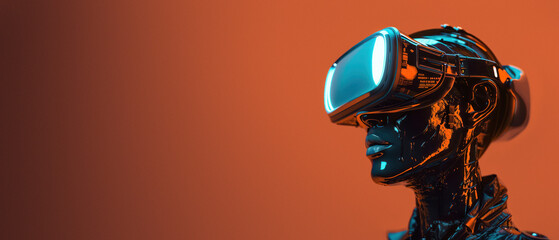 A digital mannequin wearing a VR headset presented in a warm reddish light setting - obrazy, fototapety, plakaty