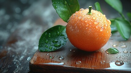A closeup vibrant orange peel adorned with dew drops. AI generate illustration