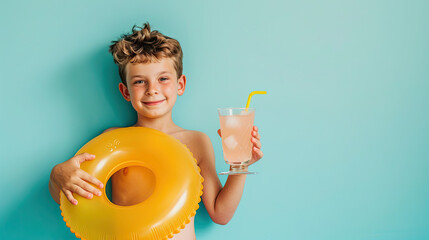 Shirtless young boy with inflatable ring and glass of cocktail on pastel blue background