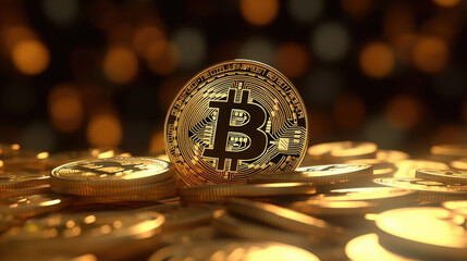 Digital Currency Concept, 3D Styled Bitcoin and Coin Stack Background