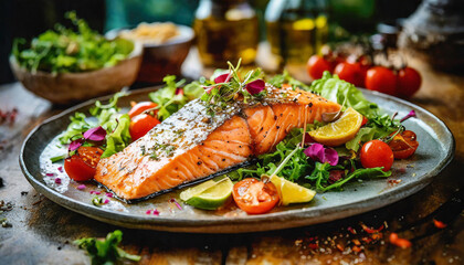 Grilled salmon fillet with fresh salad and lemon on wooden background