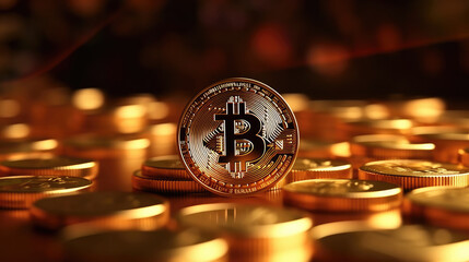 Digital Currency Concept, 3D Styled Bitcoin and Coin Stack Background