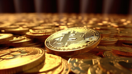 Digital Currency Concept, 3D Styled Bitcoin and Coin Stack Background