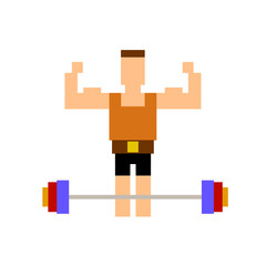 An athlete's figure with a big heavy barbell and big muscles