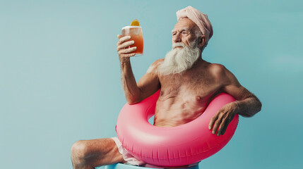 Shirtless old man with inflatable ring and glass of cocktail on pastel blue background