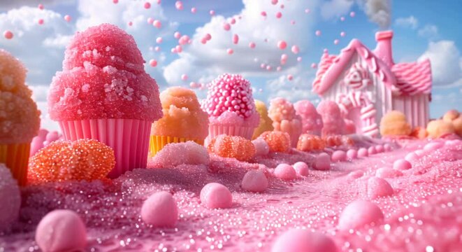 Magical sugar sprinkle rain over a vibrant candy landscape