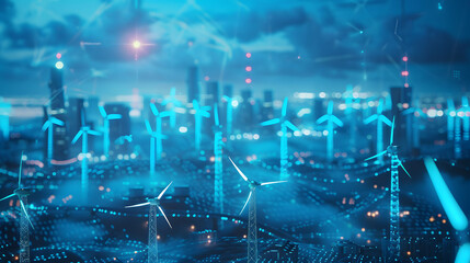 concept idea eco power energy. wind turbine on hill with sunset