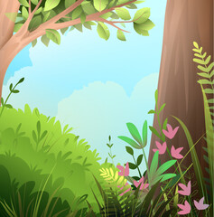 Spring or summer landscape scene, big tree and flowers on green grass lawn. Happy sunny summer fairy tale park cartoon. Vector forest nature background illustration in watercolor style. - 762440483
