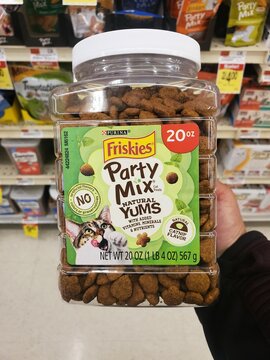 Wilmington, Delaware, U.S - February 22, 2024 - The 20oz size of Party Mix Purina cat treats by Friskies