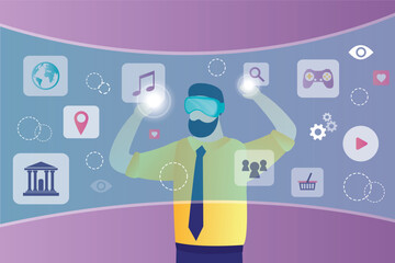 IVirtual or augmented reality concept. User man with AR glasses. Male character uses vr headset technology. Future innovations and communication. Entertainment, visual experience.