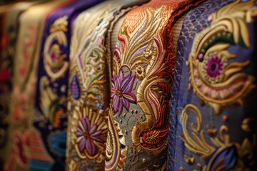Fototapeta na wymiar Luxurious Balinese embroidery with gold and purple threads