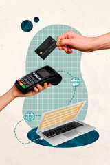 Creative trend collage of hands hold paying machine shopping credit card payment laptop ecomemrce...
