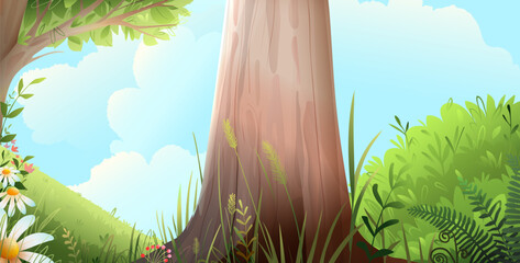 Empty fairytale forest scenery background with big tree trunk in the middle. Magical tree in the woods jungle. Nature wallpaper for children. Vector hand drawn illustrated nature in watercolor style. - 762441476