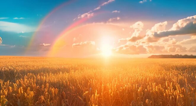 Magical candy corn fields under a rainbow, fantasy sky