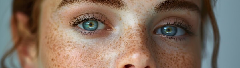 a close-up of a woman's face, featuring striking blue-green eyes, delicate freckles, and a tranquil, glowing expression - obrazy, fototapety, plakaty
