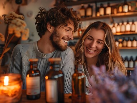 Couple Selecting Aromatic Essentials for Customized Tranquility