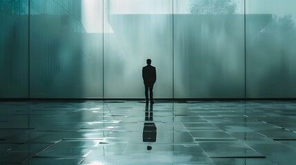 Solitary Business Executive Reflects Amidst Contemporary Architectural Setting