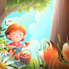 Cute little girl reading books on picnic blanket under the tree meets an animal friend fox. Summer or spring cartoon fairytale about animal and child. Landscape vector illustration for kids story. - 762442084
