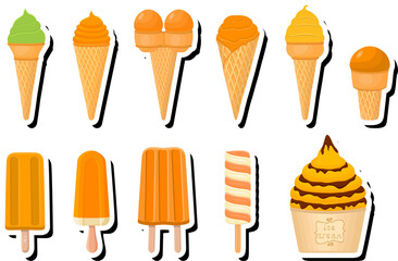 Illustration on theme big kit ice cream popsicle different types in cone waffle cup