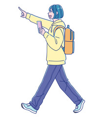 前を指差して歩くアニメ風の女の子