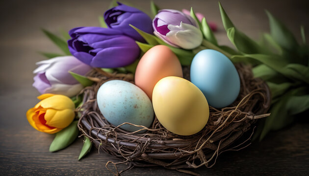 Greeting card for Easter holidays with colored pastel easter eggs in bird nest and colorful tulips around on wooden table. Spring season.